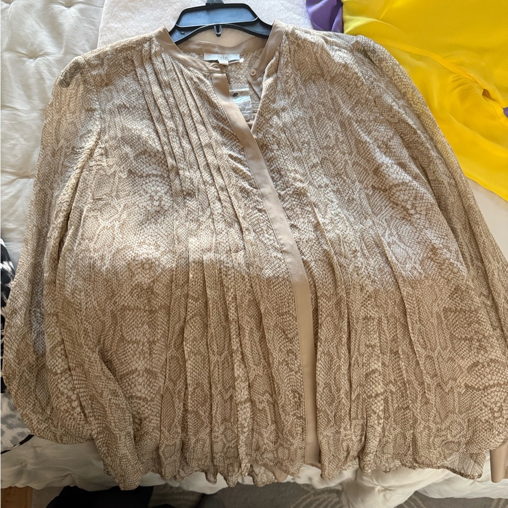Ramy Brook Beige Snakeskin-Print Pleated Button-Down Top